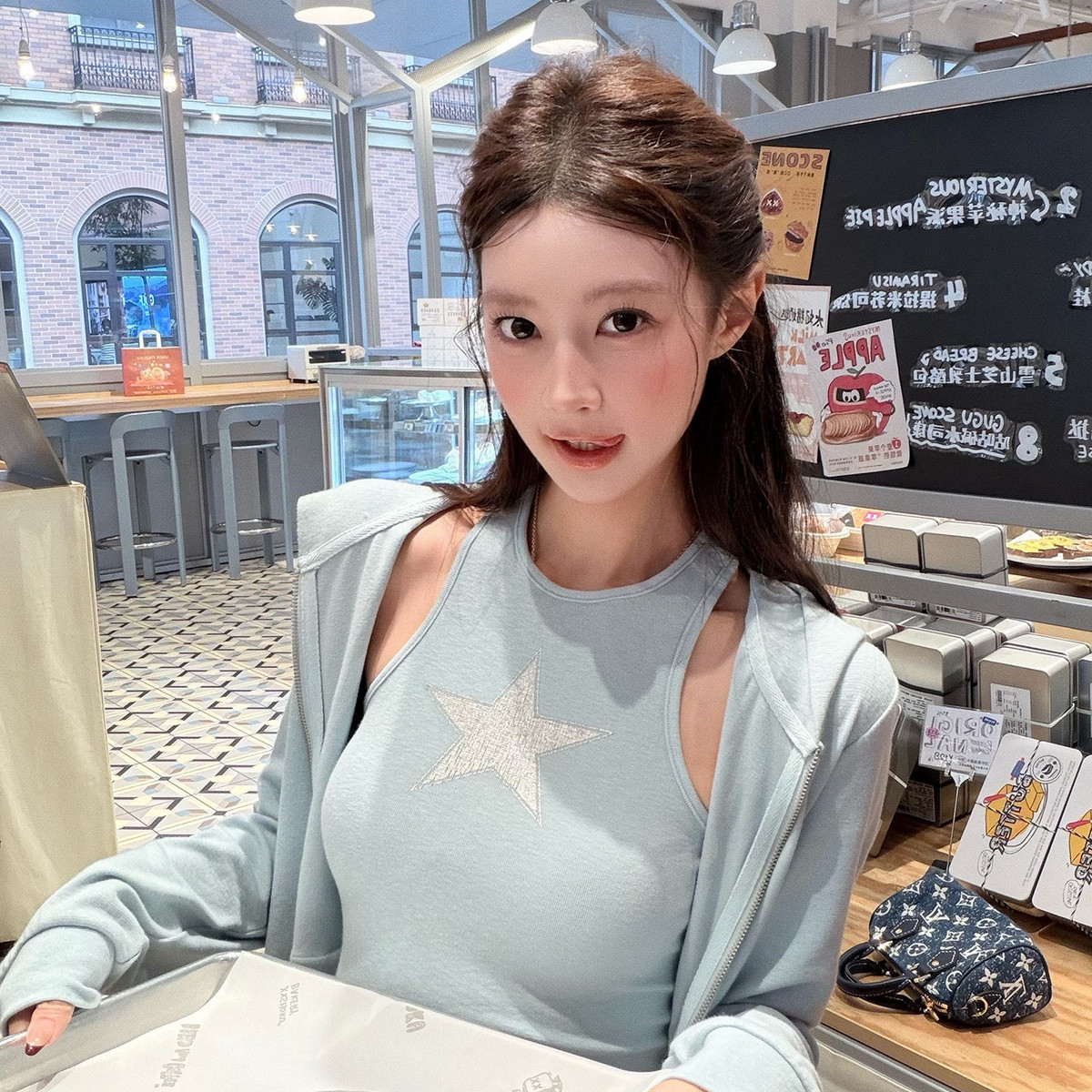 韩系ins风星星印花背心+连帽拉链卫衣外套两件套套装L2640-
