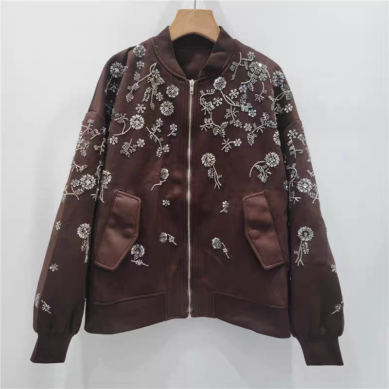 复古重工花朵烫钻棒球外套立领宽松仿麂皮绒质感闪钻休闲夹克上衣