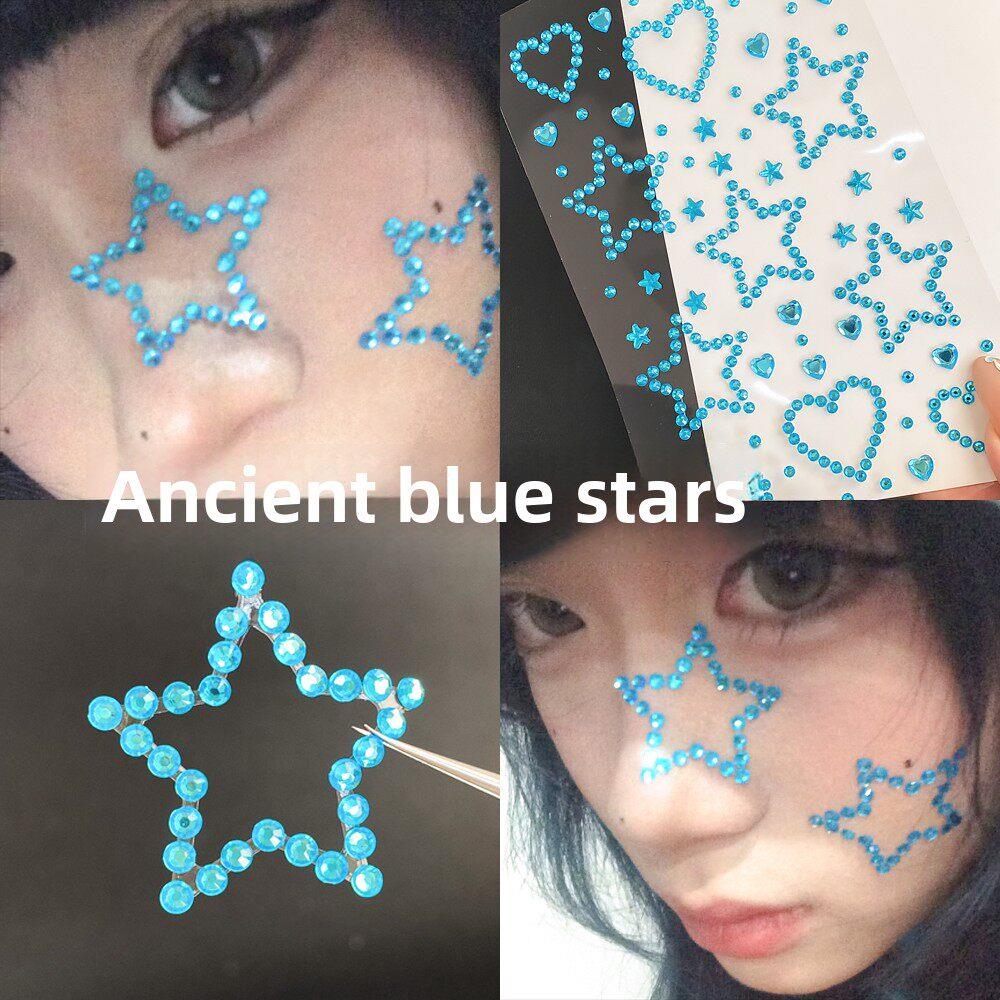 蓝色五角星钻石切割星心面珠宝钻石音乐节脸贴纸支持彩妆面明亮的