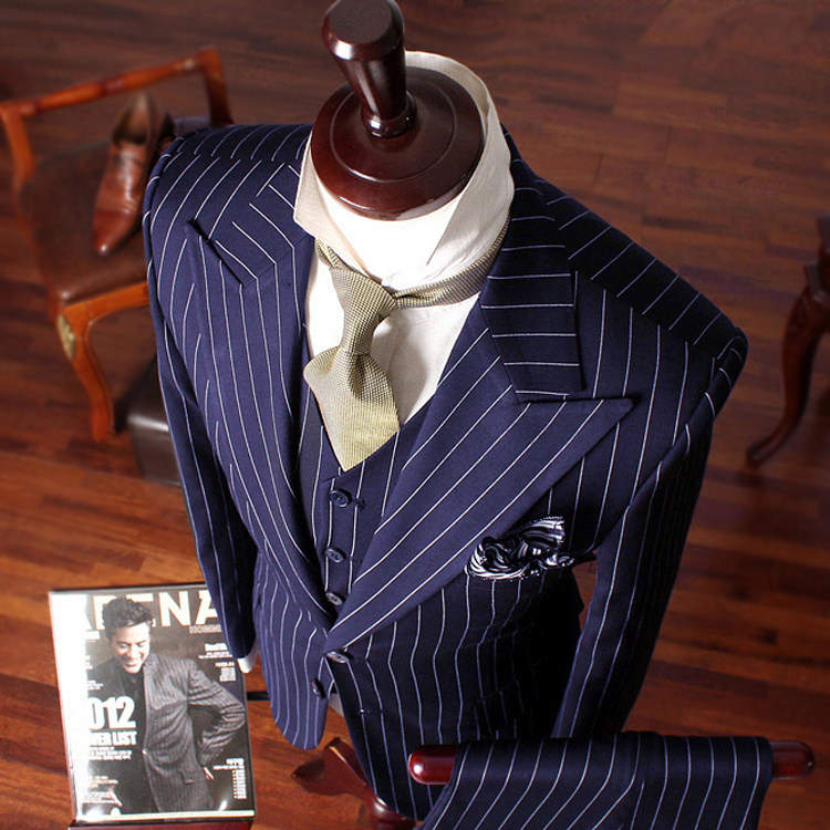 2024 HOT SUIT SUIT BLACK STRIPED GROOM DARK BLUE CUSTOM SUIT YOUTH SINGLE ROW MENS CASUAL