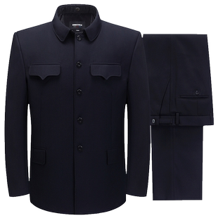 哔叽军便服中山装男中老年套装中国风老年人秋翻领爸爸装爷爷外套