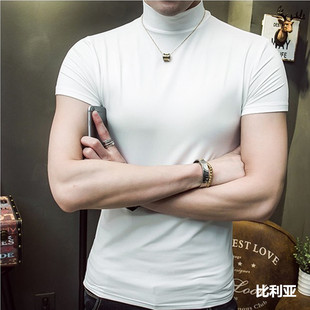 修身 立领体恤 纯色弹力打底衫 T恤 韩版 半高领短袖 运动纯棉半袖 男士