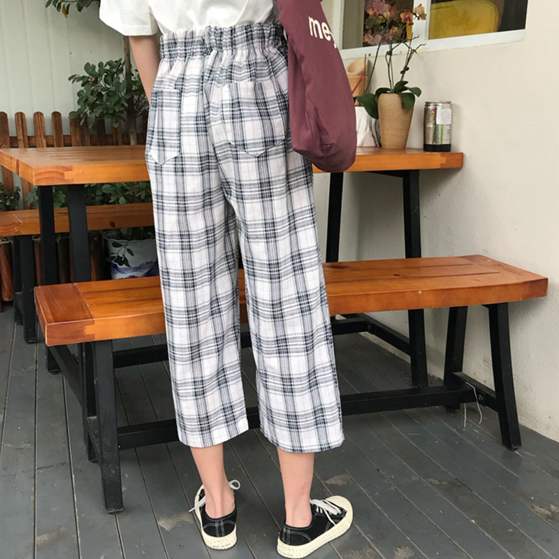 夏季新款韓版寬松顯瘦闊腿褲九分褲百搭格子西裝褲休閑褲女學生潮