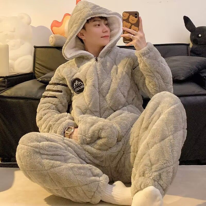 睡衣男款2025秋冬青少年珊瑚加厚三层保暖家居服套装加绒夹棉