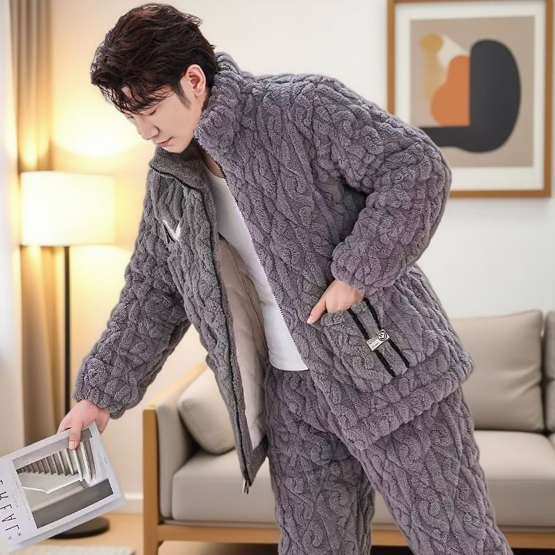 睡衣男冬季三层夹棉加绒加厚宽松