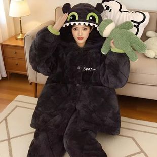 睡衣女款2025新款秋冬三层加厚加绒珊瑚绒夹棉袄可外穿家居服套装