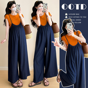 孕妇装夏套装2026新款孕期穿搭法式短袖上衣牛仔背带裤夏季两件套