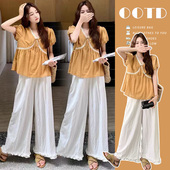 孕期穿搭法式 2026新款 短袖 上衣阔腿裤 两件套 孕妇装 时髦夏季 夏套装