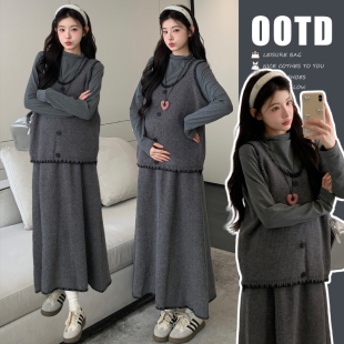 潮妈孕期穿搭打底裙马甲秋冬季 孕妇装 上衣套装 秋季 三件套 2025新款