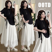 夏套装 套装 2026新款 上衣网纱半身裙夏季 孕期穿搭设计感短袖 孕妇装