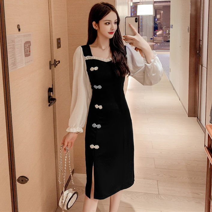 Autumn new Qipao skirt temperament sexy slim waist small black dress improved version dress goddess model