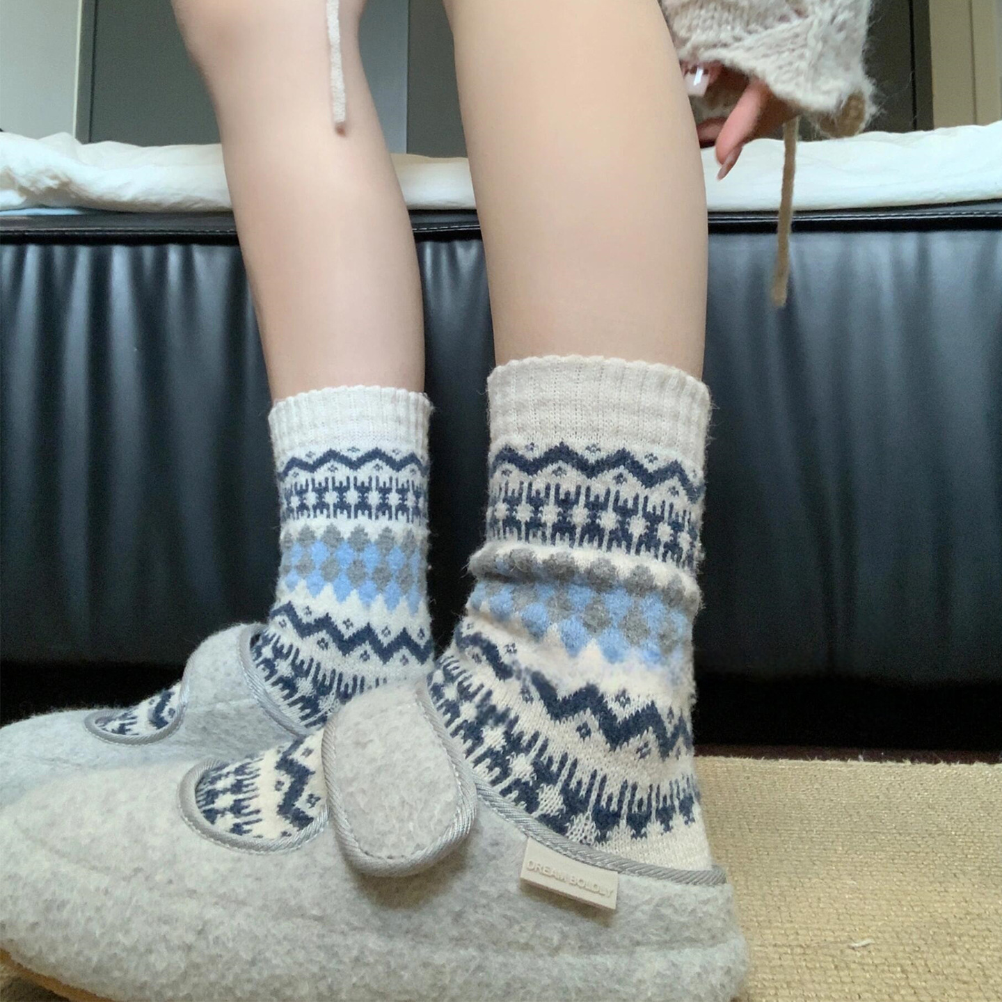 加厚保暖中筒袜复古菱格堆堆袜