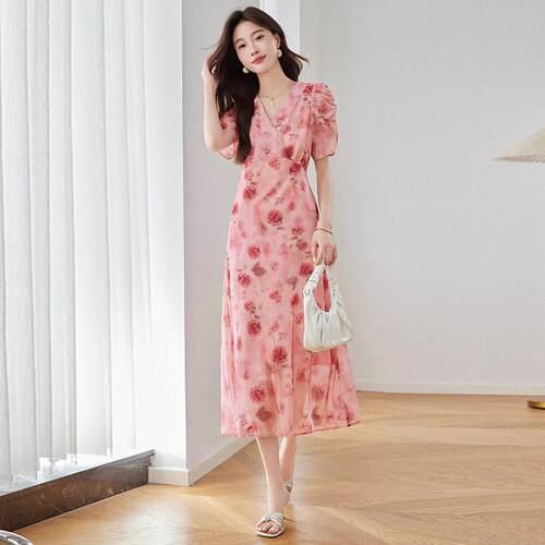 女装夏季花新款玫印腰设计感领收显ME5637-0瘦时尚连衣瑰裙