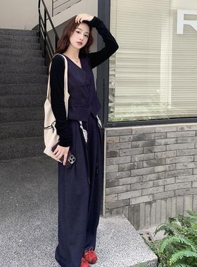 深蓝色时休马闲甲阔尚腿裤套装女勤秋季C129-260新款百搭通气质两