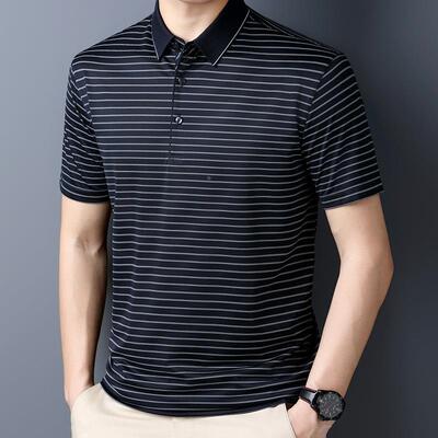 中年男H25-2905士档桑蚕丝袖恤男夏短条季爸爸装翻领真丝衫高纹体