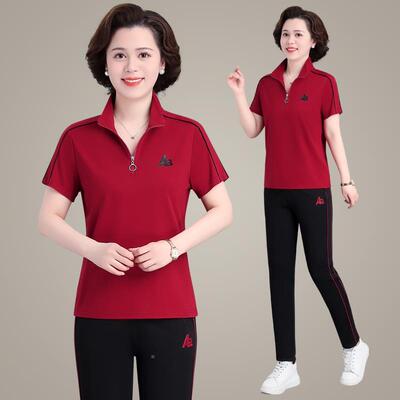妈妈套服装年岁女夏装运动短袖77323278上衣中老年女夏季休中闲两