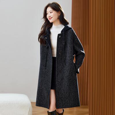ZH2640-0女式毛呢外套秋冬长新款款松宽大连帽时尚双面呢羊毛衣