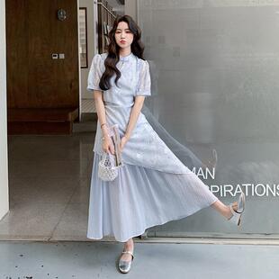 浅绿色新中式假两绣衣连裙女夏新款气C056-702质减龄改良旗袍刺长