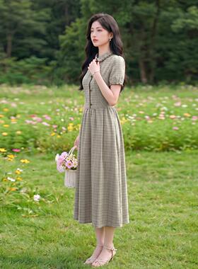 SY2683-0夏季女新款装复古文艺格子系收腰长中款时尚带连衣裙女