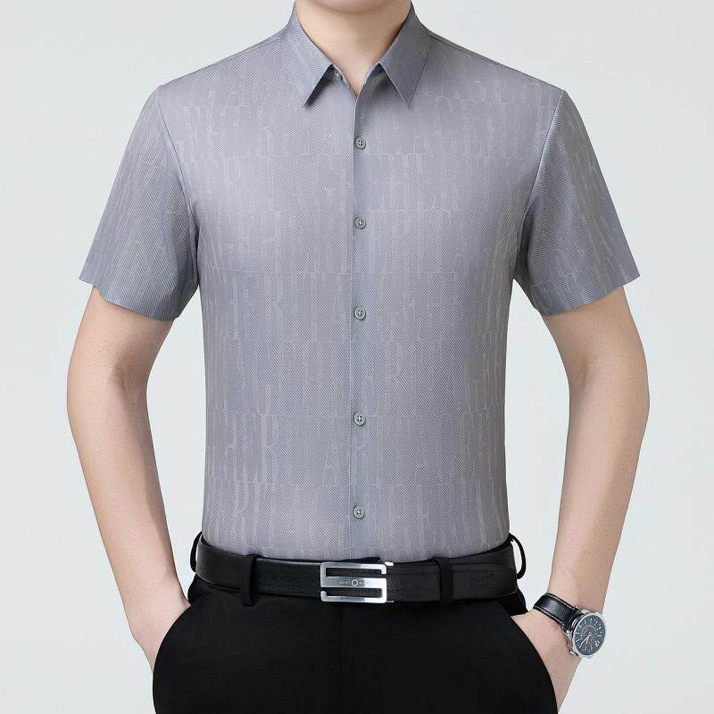装新品袖中年男士短衬夏衣商务休闲宽6917-P松搭提花衬衫男百爸爸