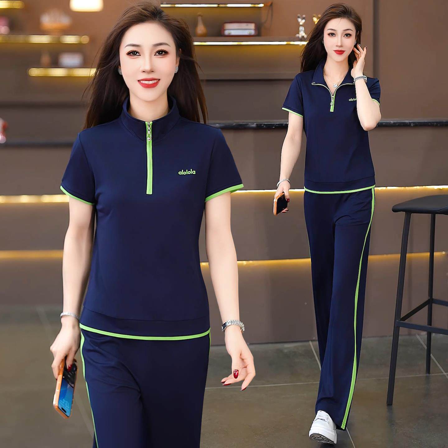 时1077956尚休闲运动套装女新款减款跑龄显瘦夏薄立领短袖步服两