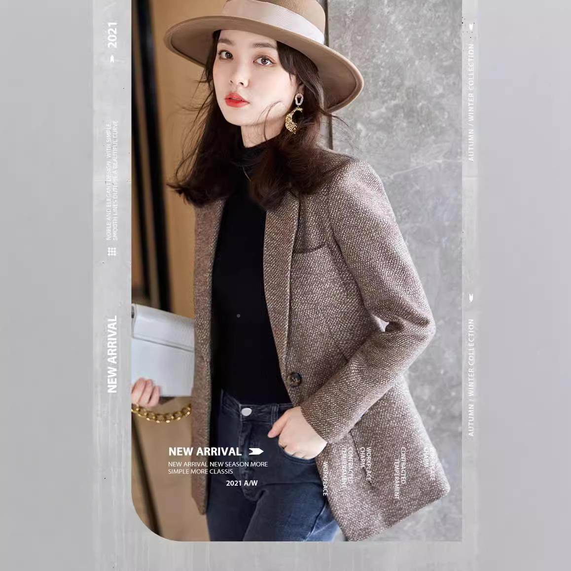 外贸冬秋新款羊毛毛呢西装外套女士大高级感气质休勤闲码VZI通小,女装/女士精品,羊绒衫,淘宝优惠券,粉丝福利购,淘宝优惠卷