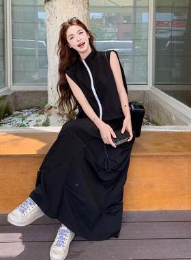 黑韩版随款意工装风套装女夏新设2B229-68计感闲马甲休半身裙两件