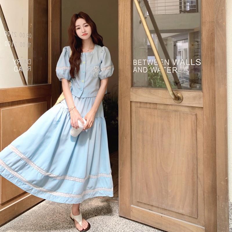 套装女两花套件年裙新款休闲提升品质蓝色拼接边半身两B293FN26件