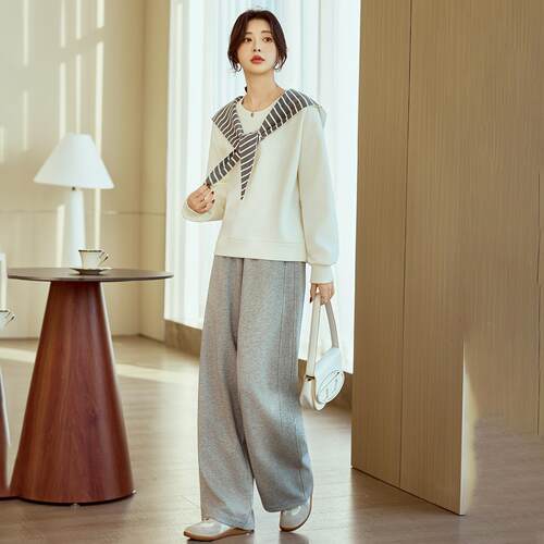 春季新袖款女披肩拼接条衫纹MR3313-0连帽长织衫女针织两针件套