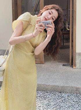 初黄色新中式清纯C077-280御改姐良旗袍连裙女夏新款撞色衣拼接字