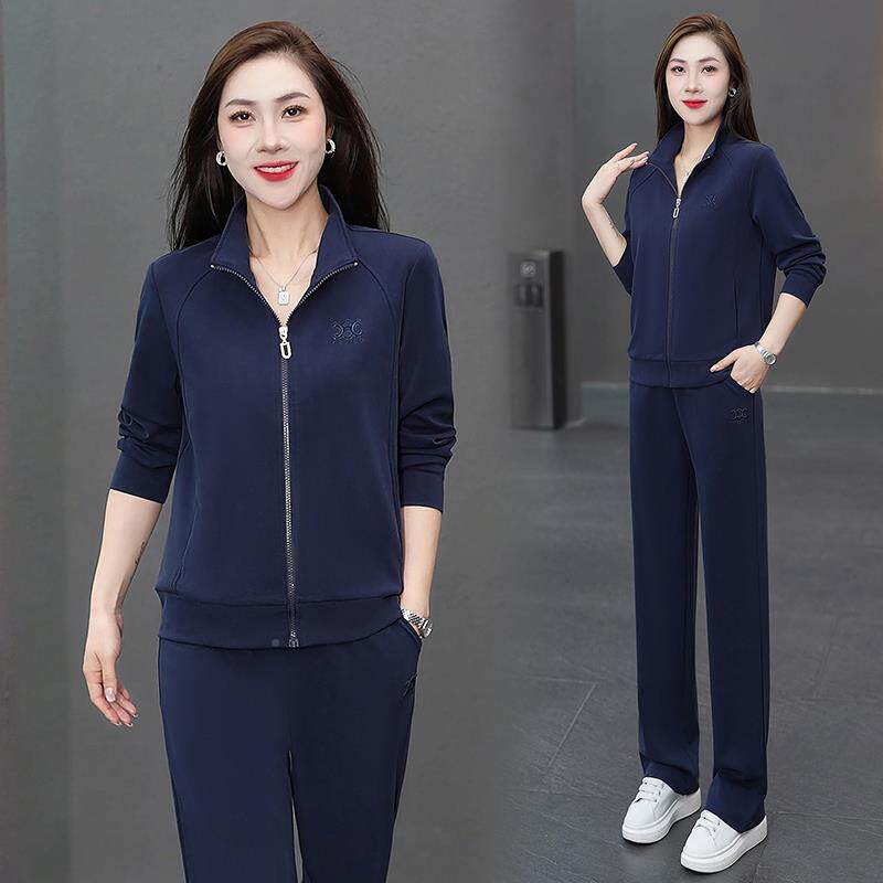 运动套装女春秋新款时减龄色立尚卫领拼96656621衣跑步休闲服两件