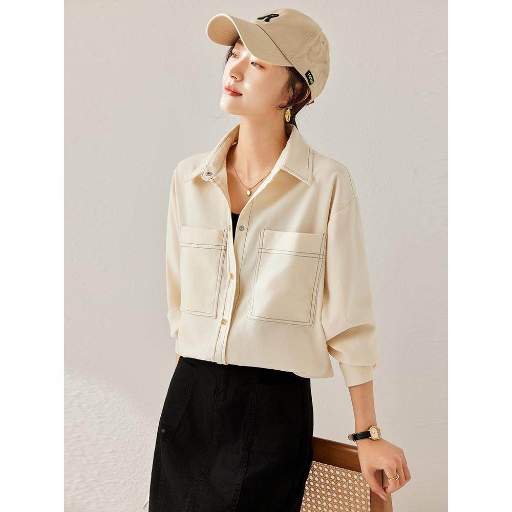 百秋季长袖衬女宽松衫新款AL839878设计感衣时尚搭上休闲杏色明线,女装/女士精品,衬衫,淘宝优惠券,粉丝福利购,淘宝优惠卷