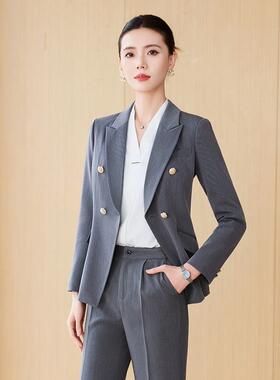 双排扣高感灰色精致804IJ西级服套女通勤装职场外套腿裤阔正装工