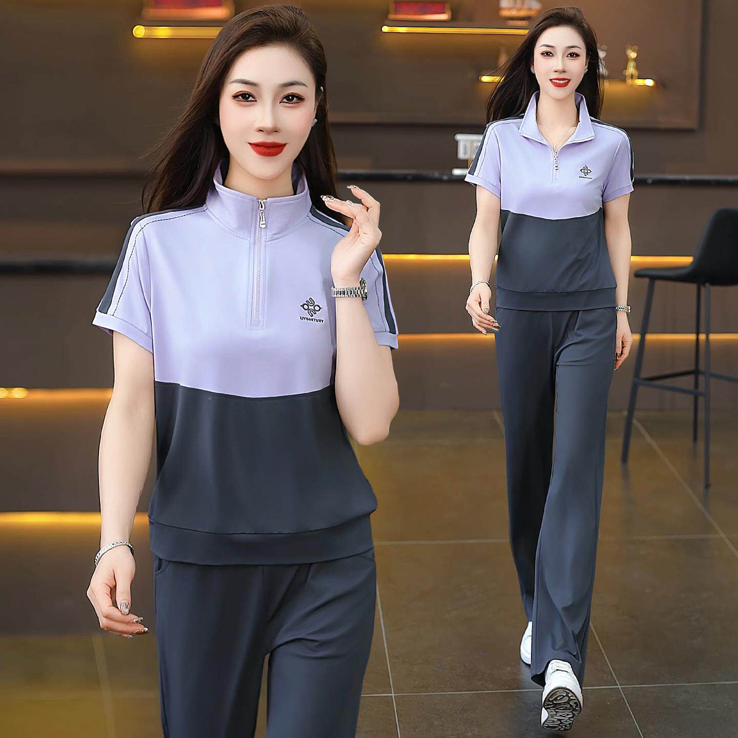 运动套拼装女夏季新款尚色短时袖立领显115-6263瘦服休闲跑步两件