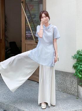 浅蓝色裙少女感风套装国女夏新款新中式盘C011-254上衣阔腿裤两件