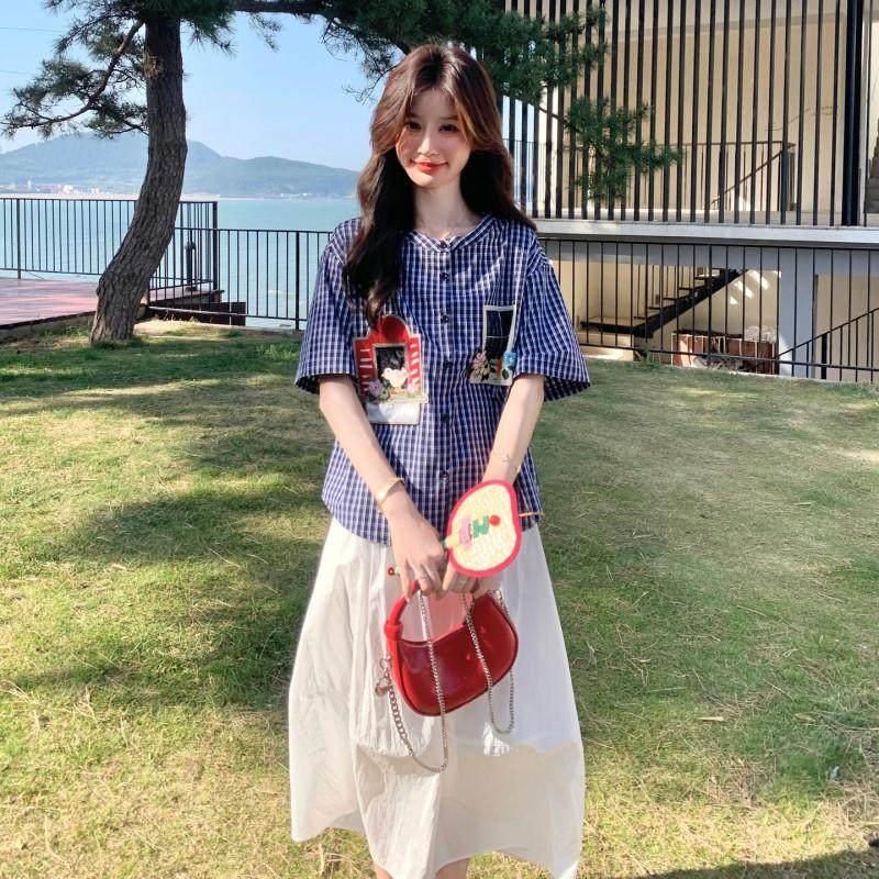 装两件套洋气裙年龄套百B186FN80搭时尚刺绣格子减上衣白色半身两