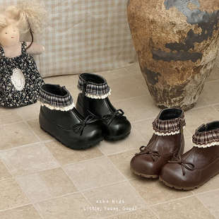 女童加绒靴子2025秋冬女宝宝二棉皮靴公主花边马丁靴软底保暖短靴