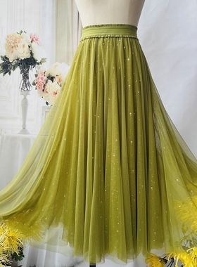 果绿色半身裙女2024新款青柠绿垂坠显瘦720度亮闪闪大摆长裙