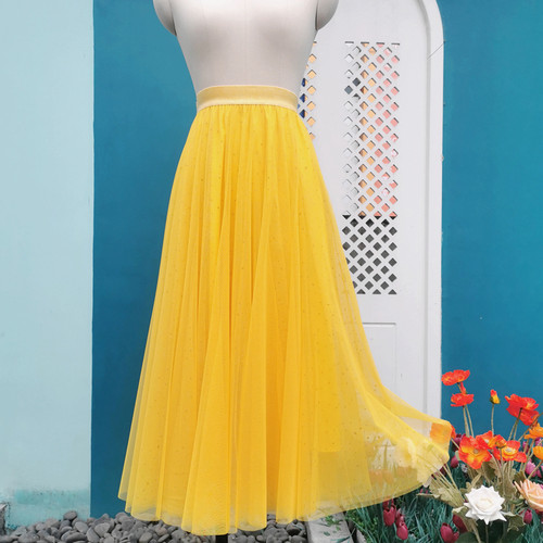 金黄色垂感显瘦a字网纱半身裙