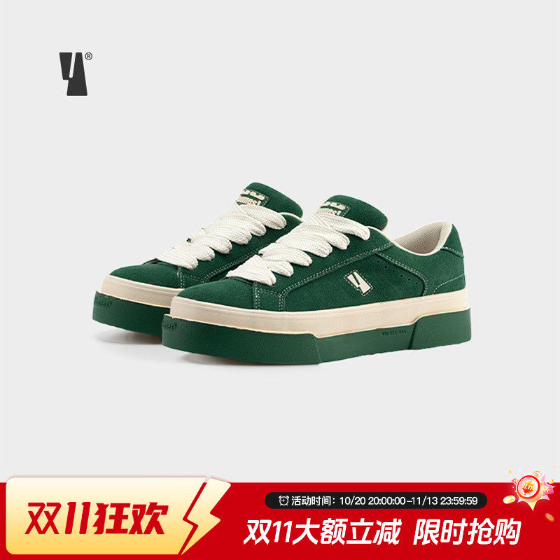VEEMESOREO墨绿色翻毛皮面包鞋男女款滑板鞋情侣款增高休闲板鞋