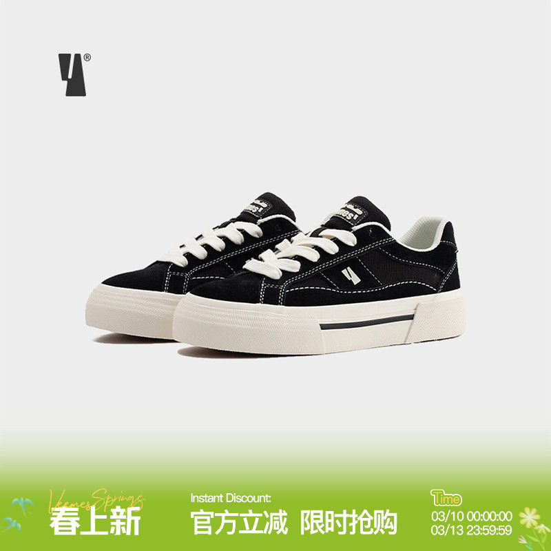 VEEMES黑色反毛皮情侣休闲板鞋 街头潮流滑板鞋男鞋女鞋厚底增高