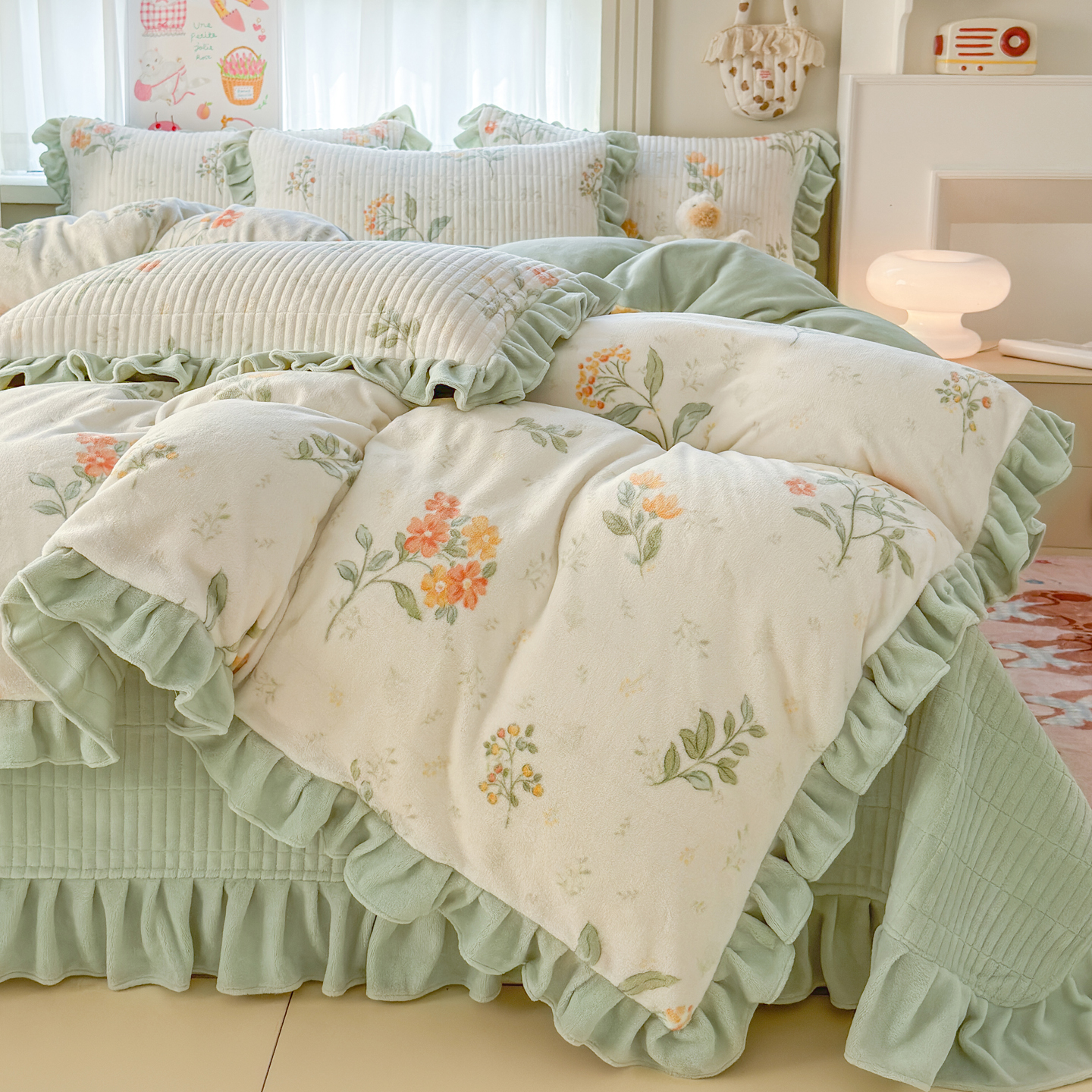 冬季保暖牛奶绒床盖款四件套夹棉加厚花边床单加绒珊瑚绒被套床品