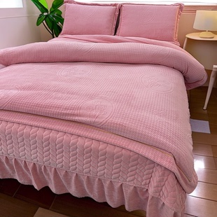 冬季 保暖牛奶绒床盖四件套冬天双面加绒雕花被套加厚夹棉床单床裙