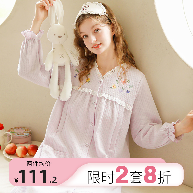家时光哺乳睡裙秋冬空气棉月子裙连衣裙孕妇睡裙子加厚保暖家居裙
