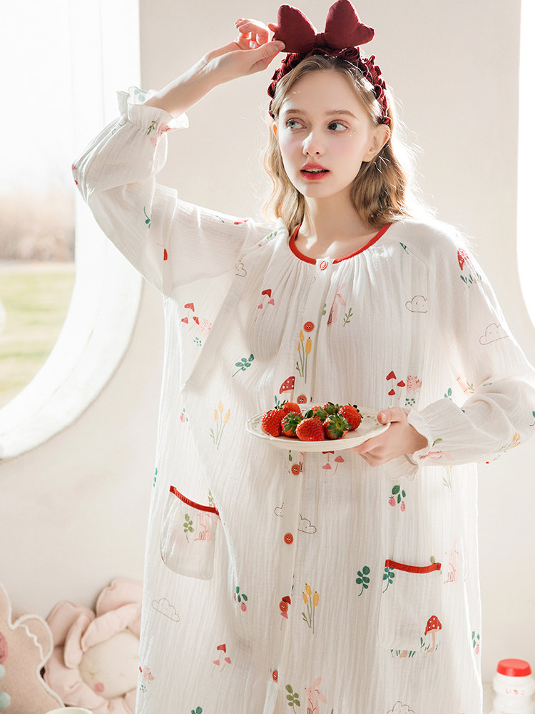 홈 타임 모유 수유 잠옷 여름 얇은 산후 출산 잠옷 출산 복장 봄과 여름 순수 코튼 거즈 복장