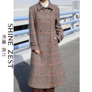 咖色格纹羊毛呢米娜聊大翻领A字造型长款大衣
