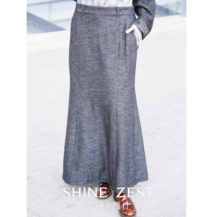 黑灰色针织羊毛面料修身款鱼尾半身长裙