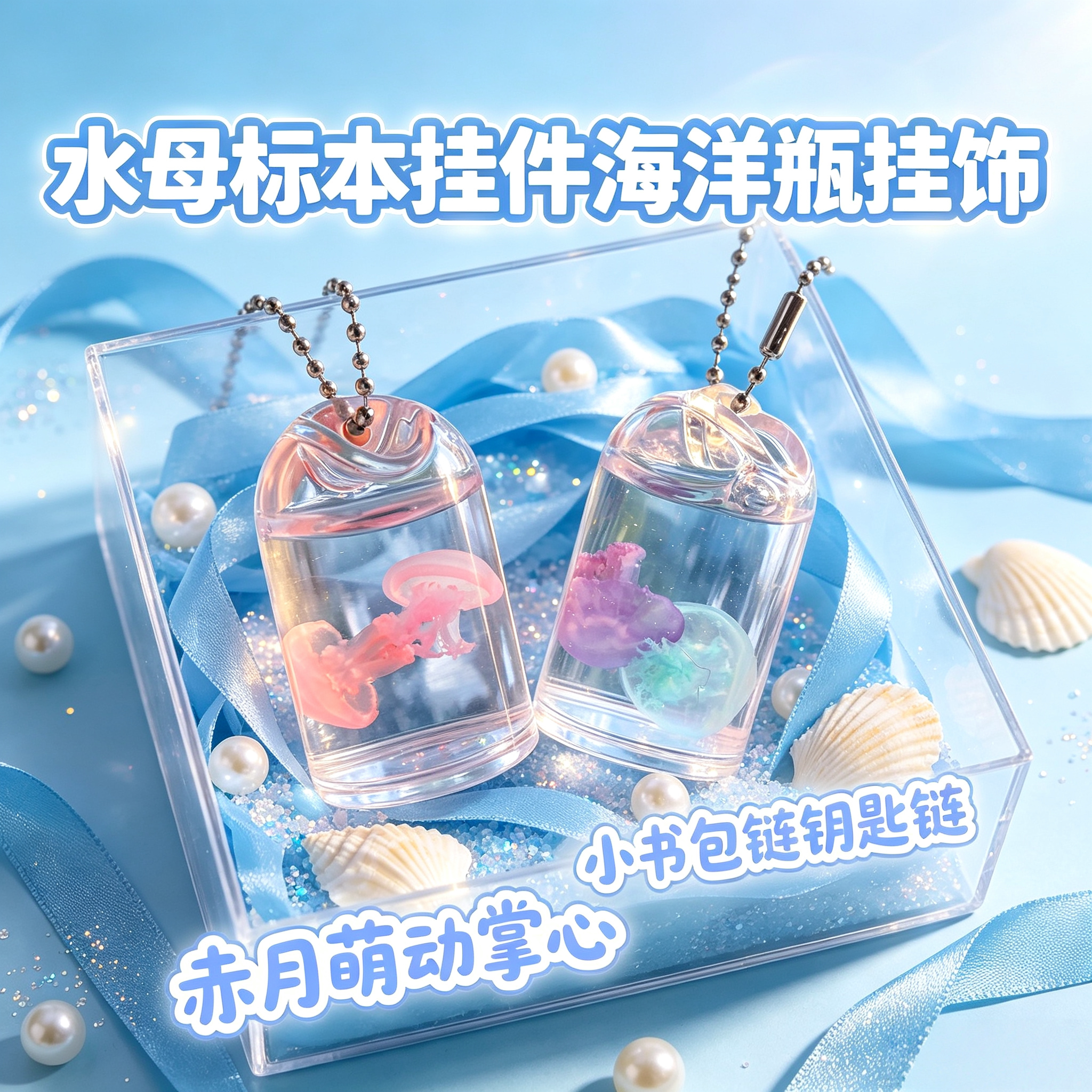 彩色标本赤月书包链掌心非活体钥匙链挂饰小海洋瓶水母挂件