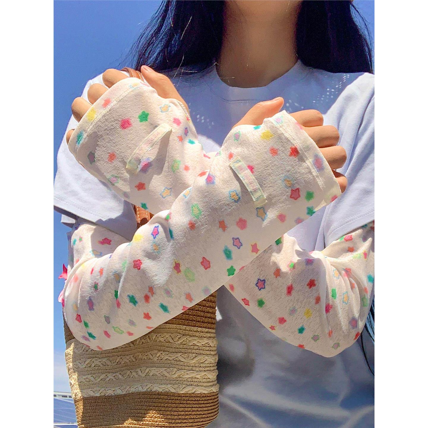 可爱彩色星星防晒袖套女夏遮阳宽松透气薄款骑车冰袖学生2026新款