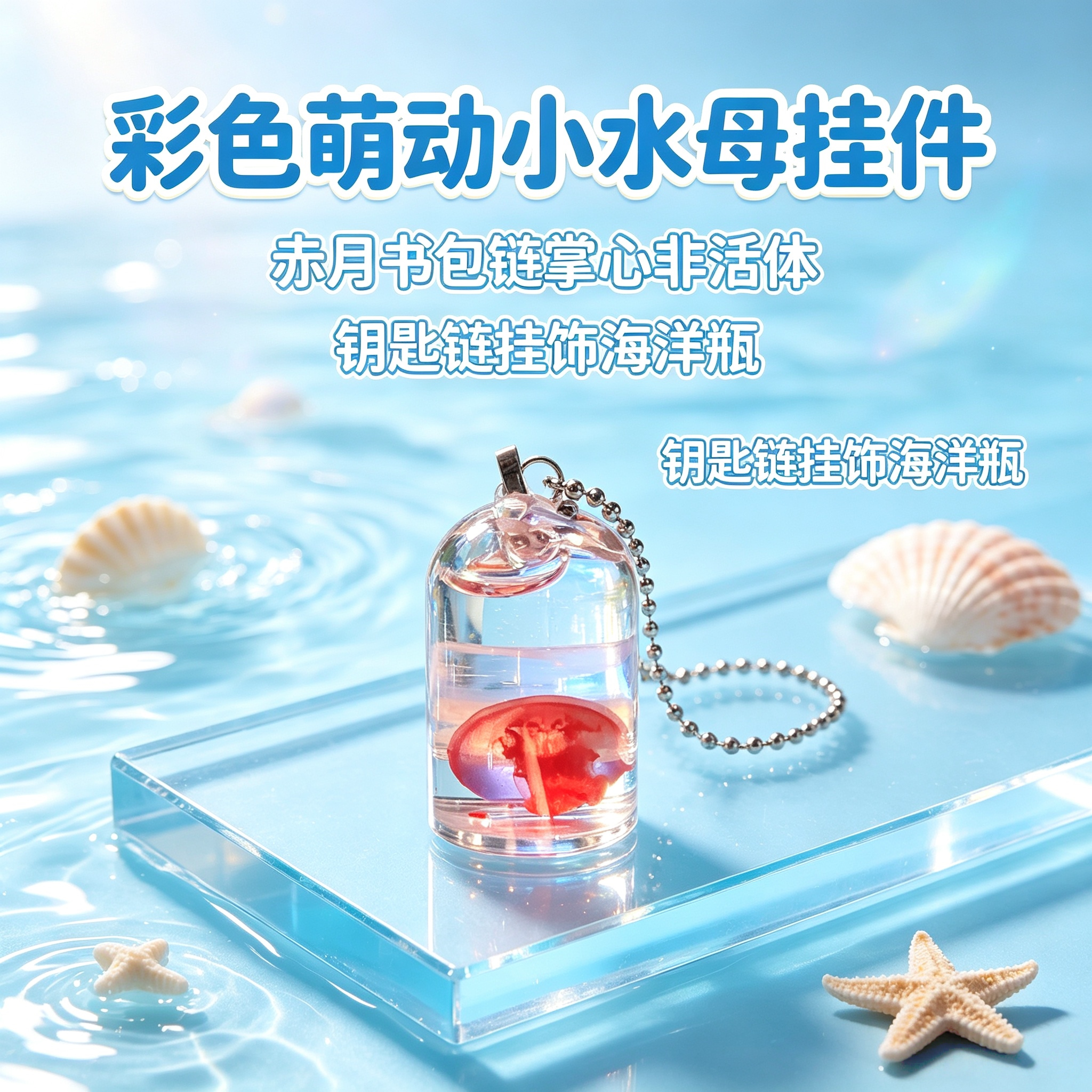 彩色萌动赤月书包链掌心非活体钥匙链挂饰小水母挂件海洋瓶